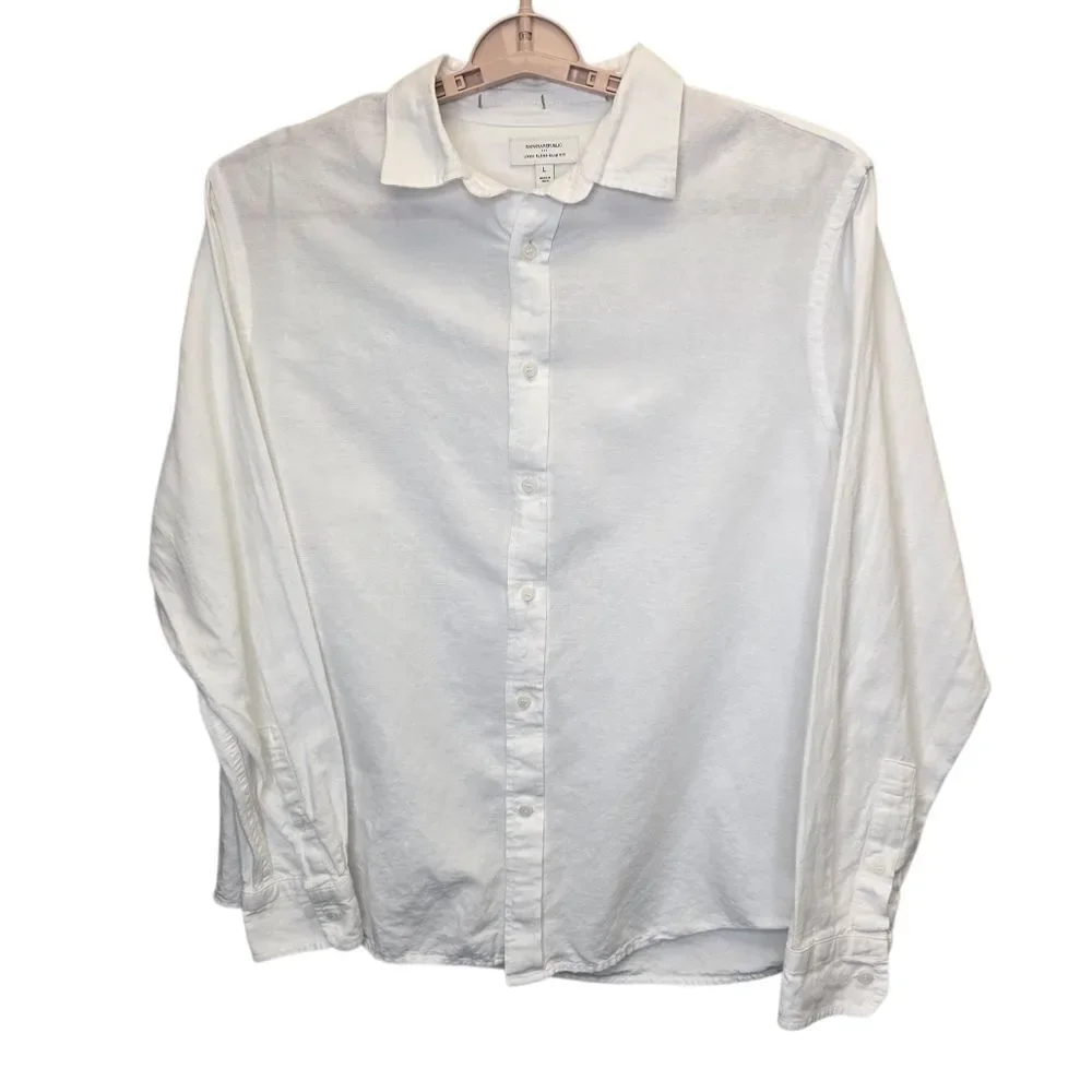 Banana Republic Men's L Linen Blend Slim Fit White Button-Down Long Sleeve Shirt